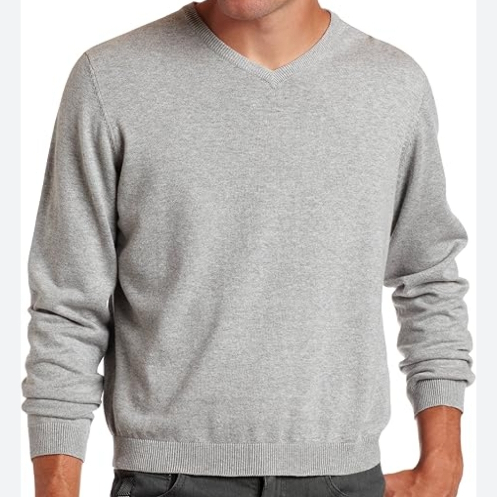 Van Heusen Solid Gray V-Neck Sweater Classic Knit, Size M